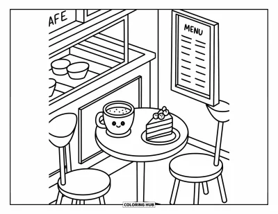 Coloriage de chocolat chaud pour adultes : Un coin de café chaleureux avec un chocolat chaud, un gâteau et une serviette joyeuse sur une petite table