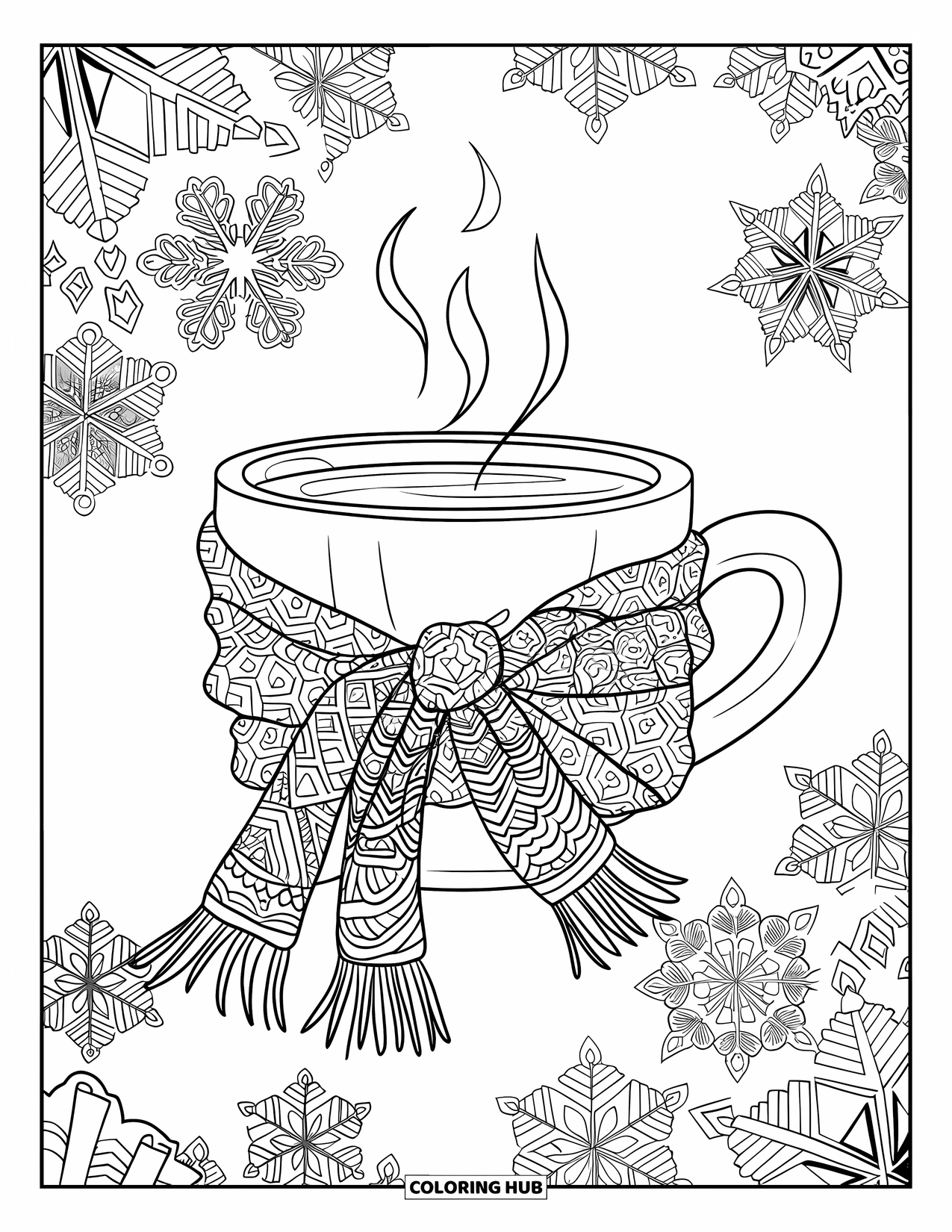 Hot Cocoa Coloring Page for Adults: A cozy mug with steam and scarf is surrounded by swirling snowflake mandalas
