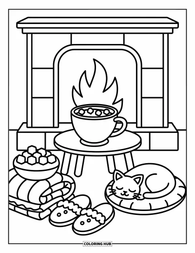 Coloriage de chocolat chaud pour adultes : Une pièce chaleureuse avec un chocolat chaud, des chaussons et un chat endormi lors d'une soirée d'hiver