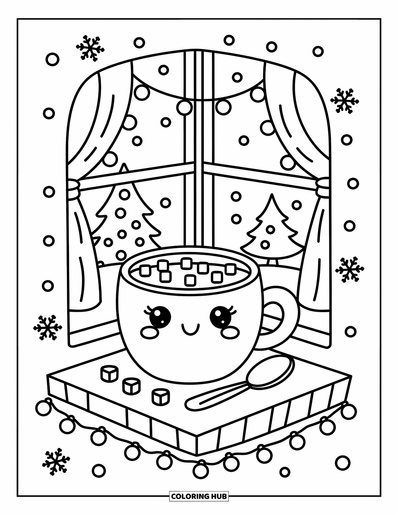 Hot Cocoa Coloring Page for Adults: A cozy windowsill holds cocoa, marshmallows, and lights with snow drifting outside