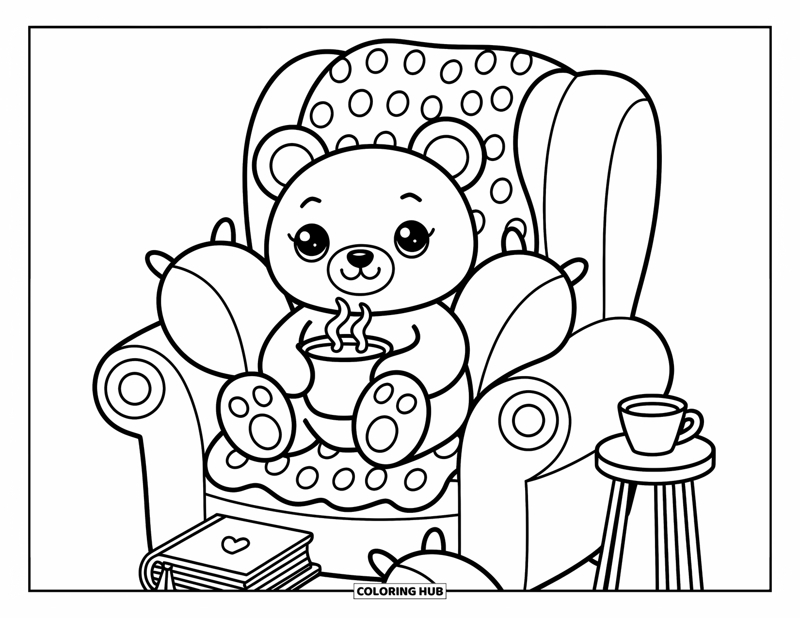 Hot Cocoa Coloring Page for Adults: A cuddly bear with cocoa rests under a blanket in a cozy armchair