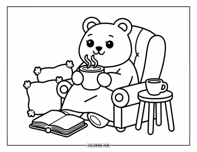 Coloriage de chocolat chaud pour adultes : Un petit ours se blottit avec un chocolat chaud, des coussins et un livre de contes dans un siège confortable