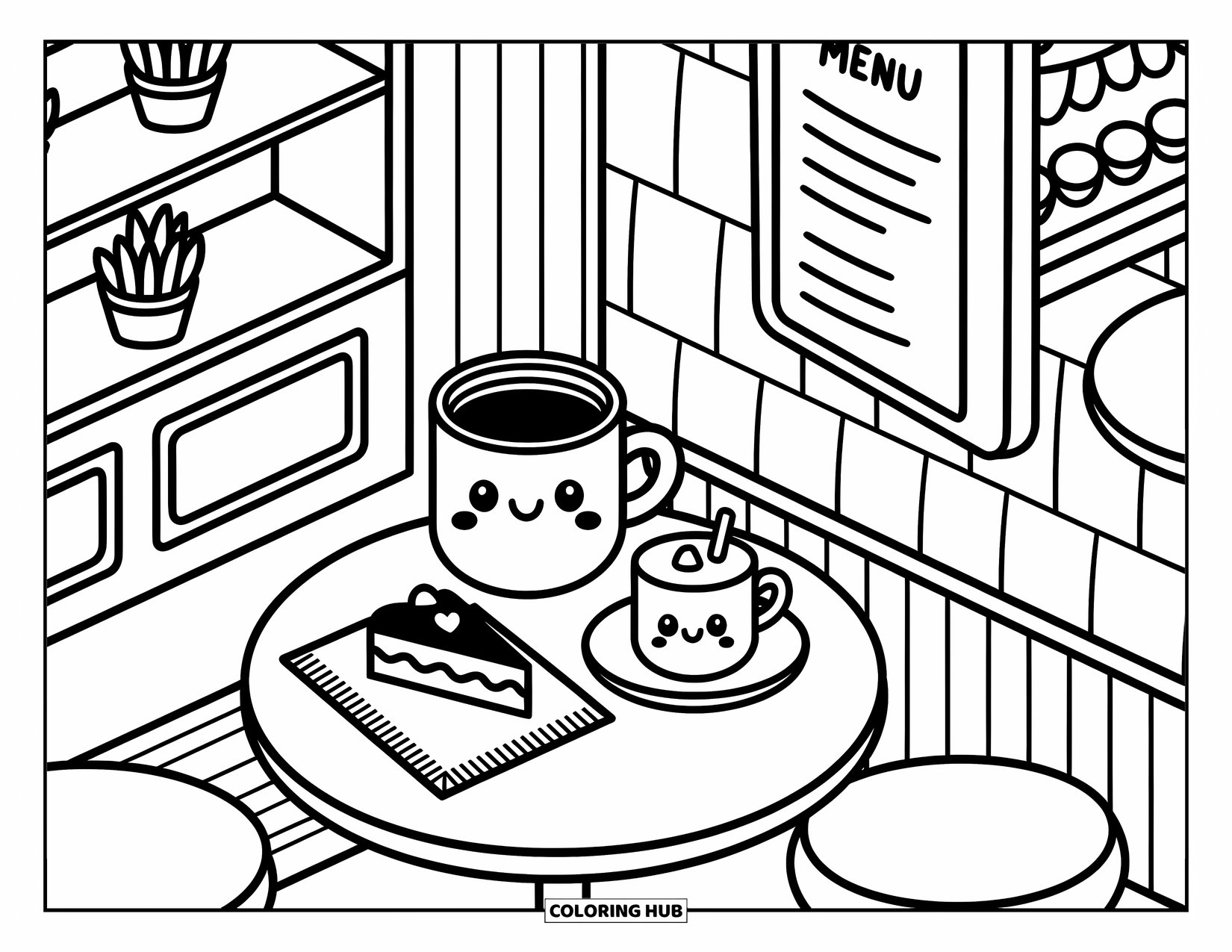 Hot Cocoa Coloring Page for Adults: A cute café table has cocoa, cake, and a happy napkin near plants and doodles