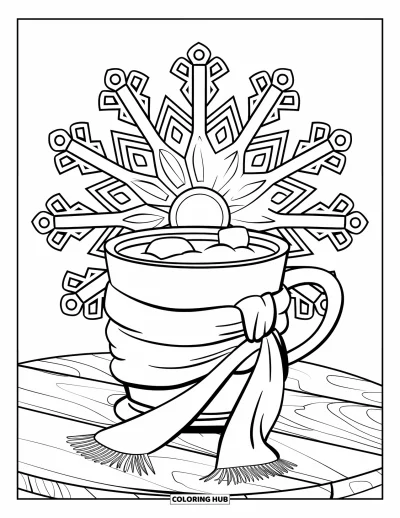 Coloriage de chocolat chaud pour adultes : Un chamallow flottant dans un chocolat chaud enveloppé d'une écharpe avec des mandalas enneigés en arrière-plan