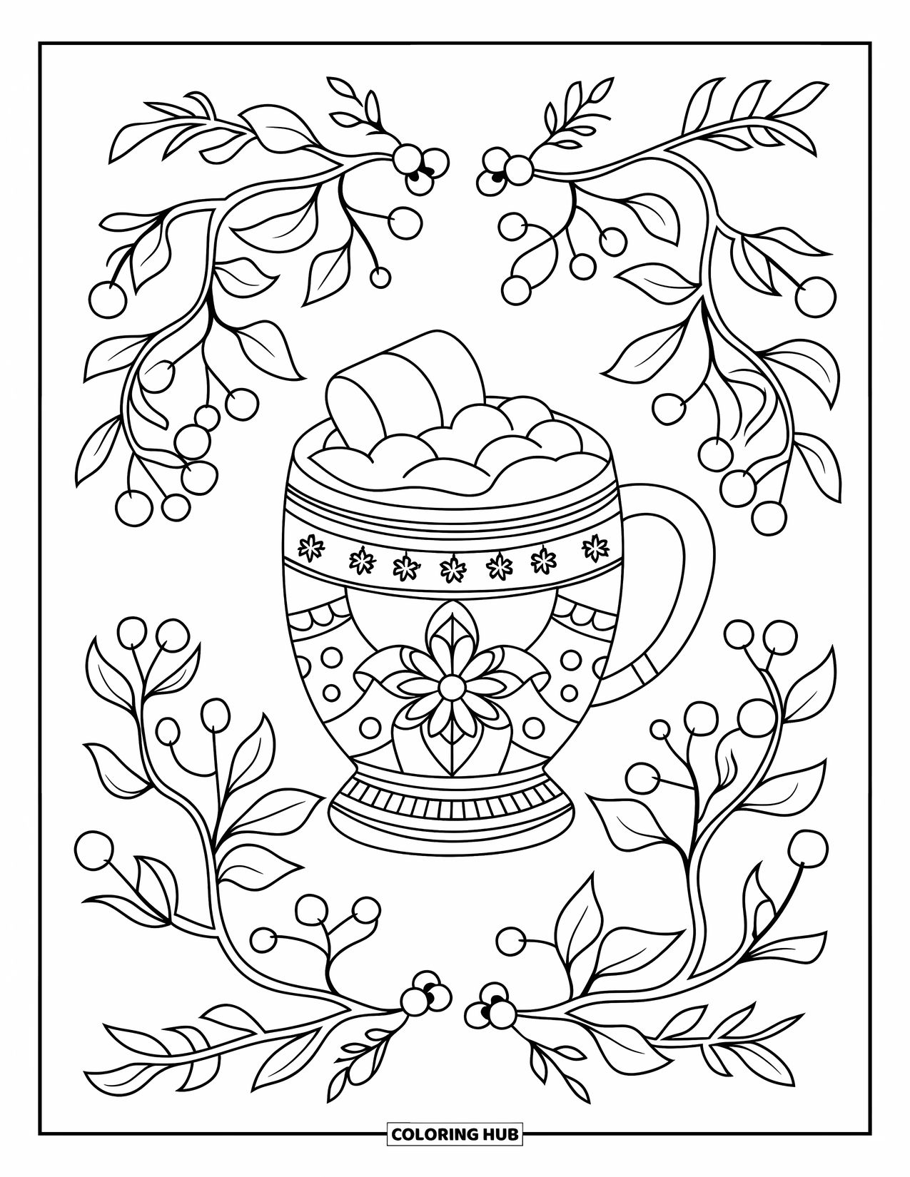 Hot Cocoa Coloring Page for Adults: A marshmallow-topped cocoa mug is wrapped in detailed vines and tiny berries