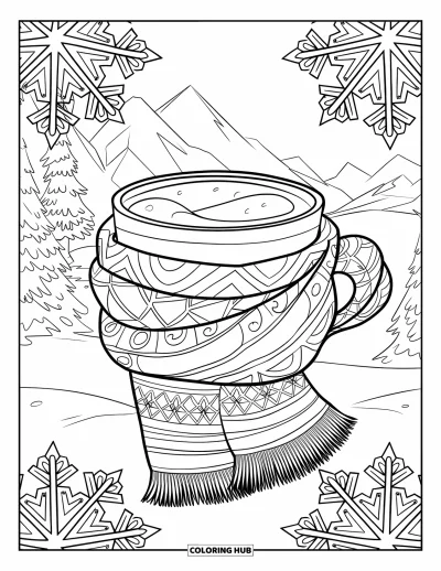 Coloriage de chocolat chaud pour adultes : Une tasse de chocolat chaud enveloppée d'une écharpe brille devant des mandalas enneigés et des arbres montagnards
