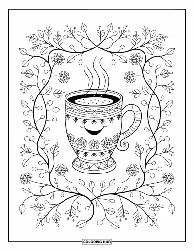Coloriage de chocolat chaud pour adultes : Une tasse de chocolat chaud souriante enlacée de lierre tourbillonnant et de baies hivernales
