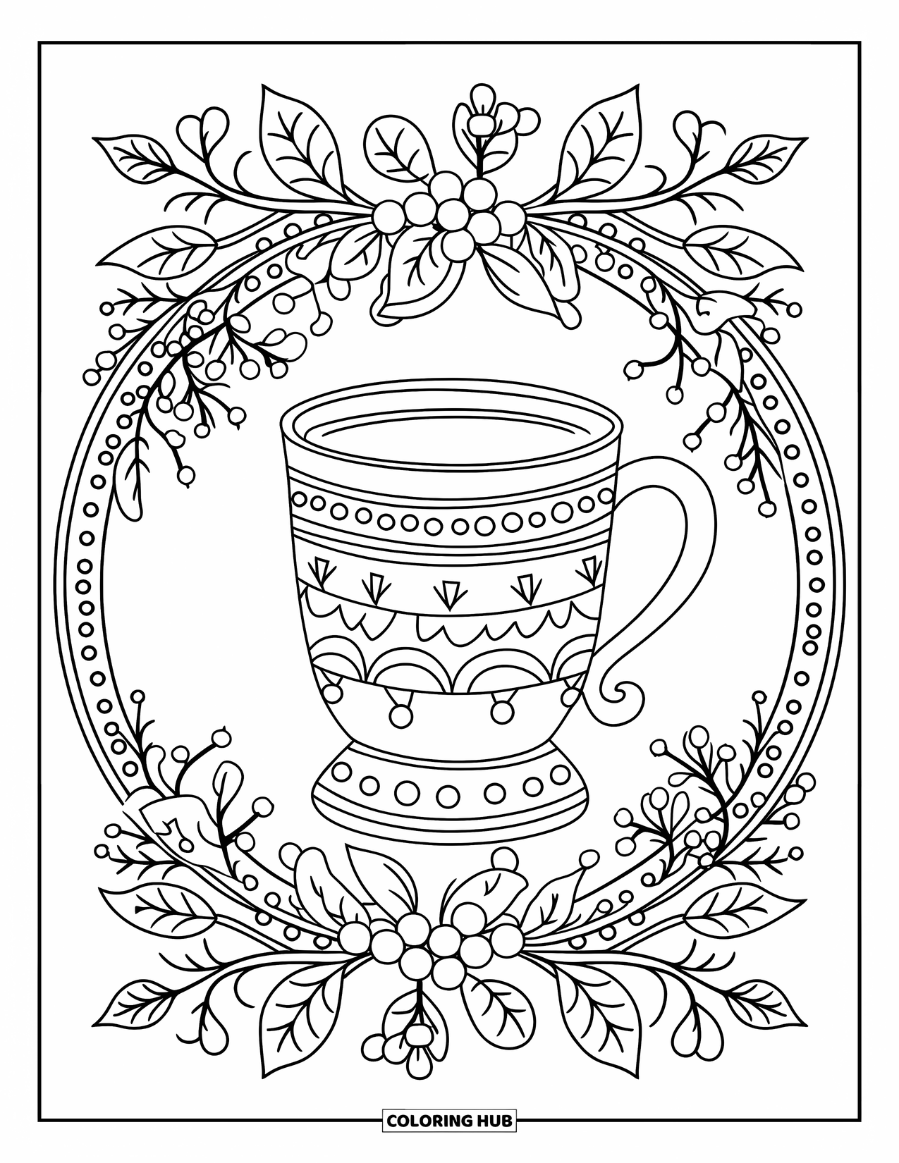 Hot Cocoa Coloring Page for Adults: A steaming mug with vines and berries rests in a circular festive border