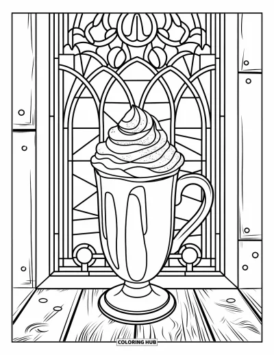 Coloriage de chocolat chaud pour adultes : Une grande tasse de chocolat chaud avec de la crème fouettée près de délicats motifs de vitraux