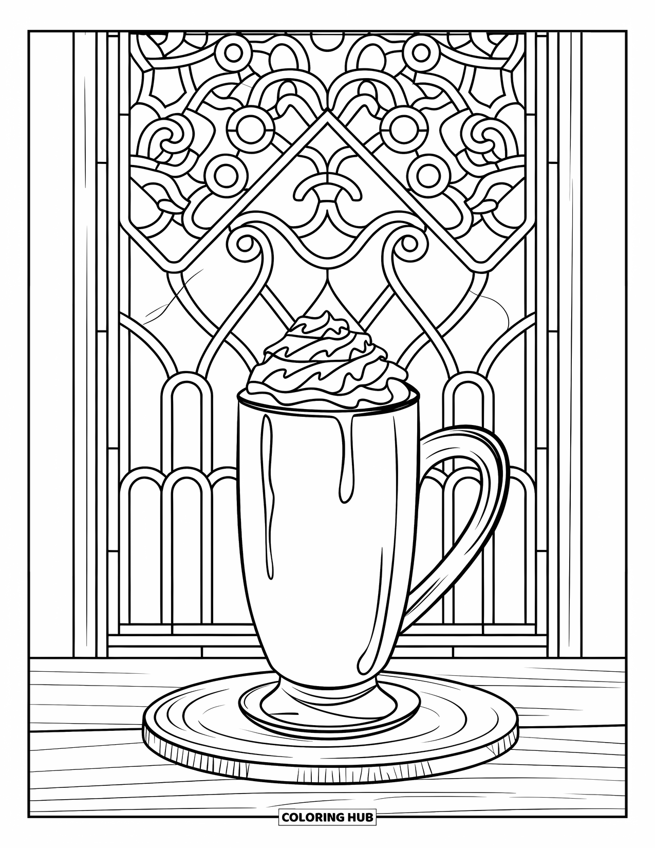 Hot Cocoa Coloring Page for Adults: A tall mug with whipped cream stands before swirling stained glass patterns