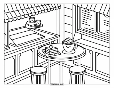 Coloriage de chocolat chaud pour adultes : Une petite table de café avec un chocolat chaud, un gâteau et une serviette adorable dans un cadre confortable