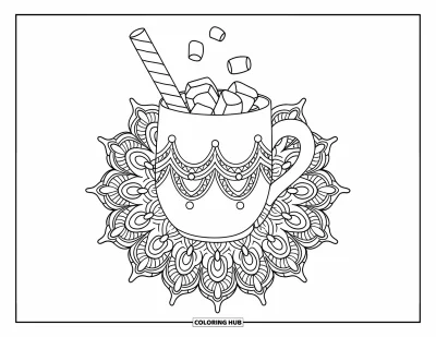 Coloriage de chocolat chaud pour adultes : Une tasse de chocolat chaud avec de la menthe poivrée habillée de délicats motifs floraux en dentelle et mandala