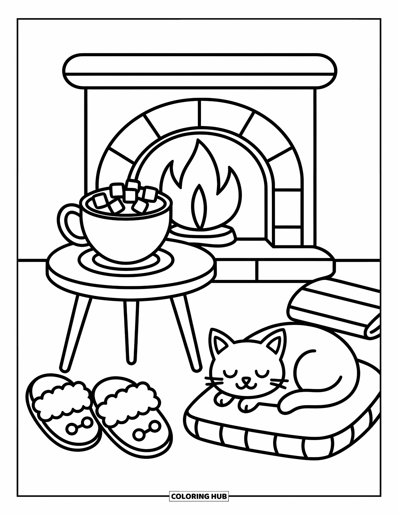 Hot Cocoa Coloring Page for Adults: A warm mug and a curled-up cat sit beside a blanket and glowing fireplace