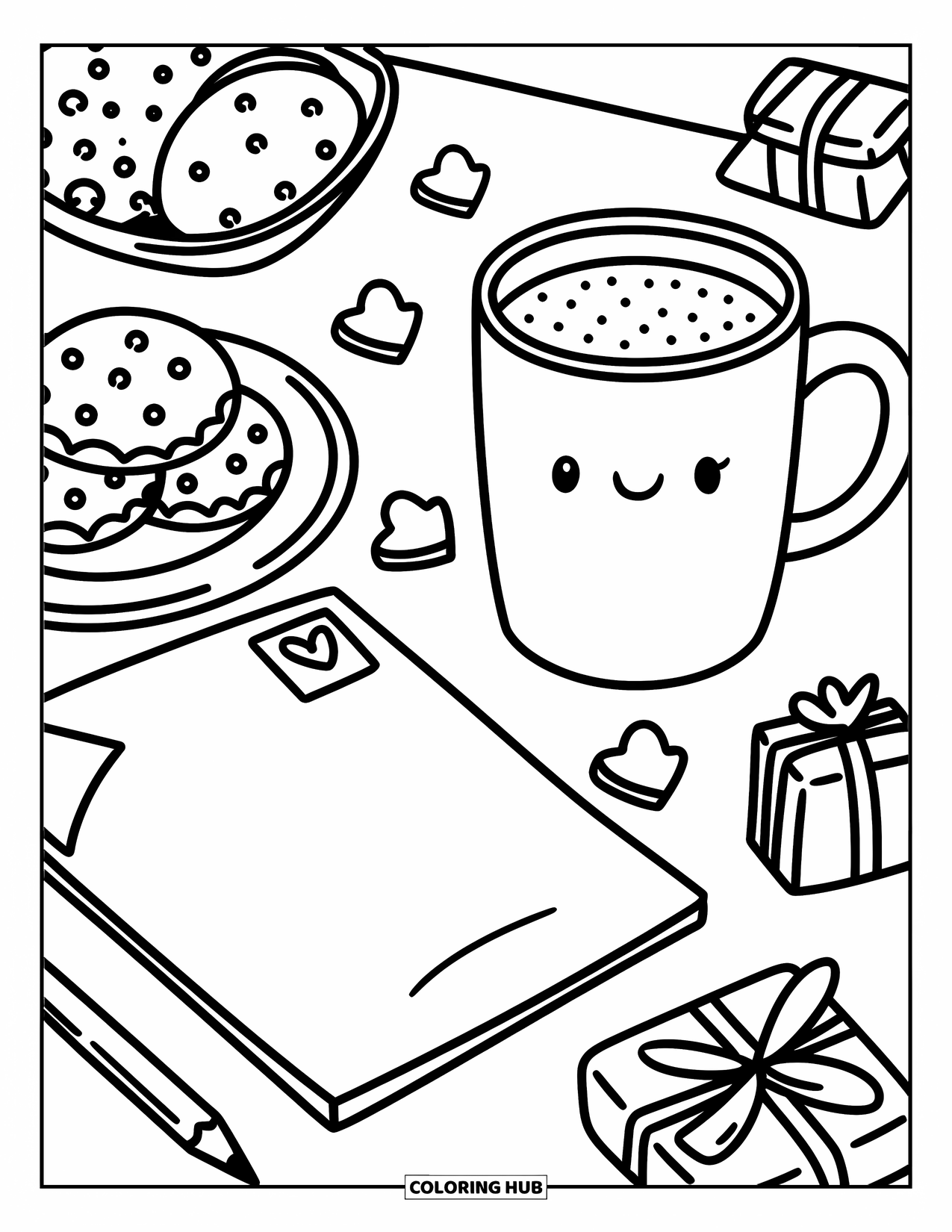 Hot Cocoa Coloring Page for Adults: A warm table holds cocoa, cookies, and handwritten notes with cozy little doodles
