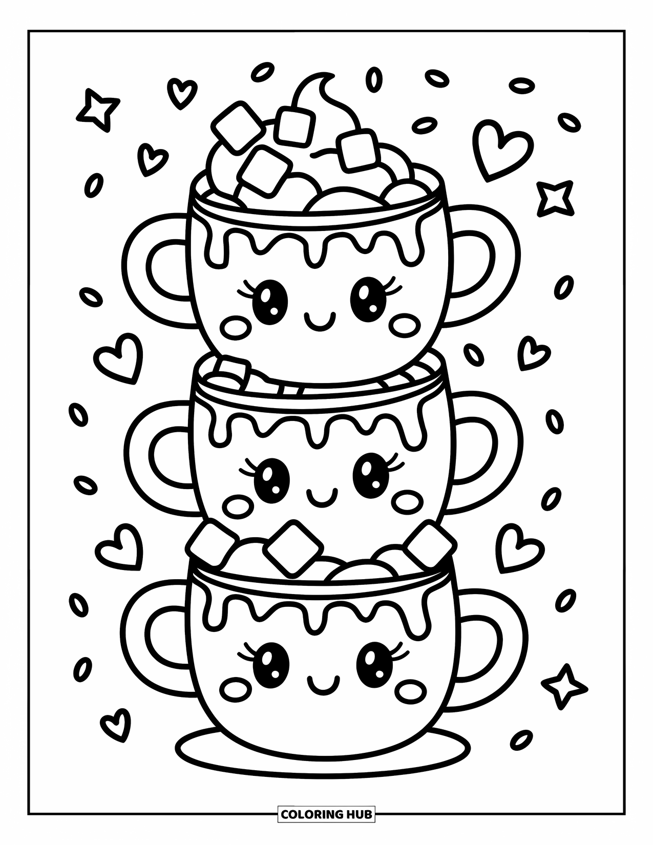 Hot Cocoa Coloring Page for Adults: Cheerful mugs with marshmallows and whipped cream stack in a cozy cocoa tower