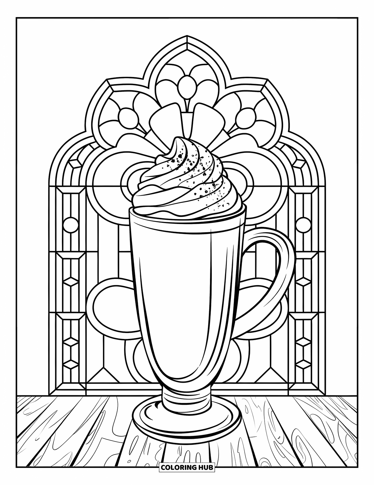 Hot Cocoa Coloring Page for Adults: Cinnamon-topped cocoa rests by a stained glass window with soft, artistic swirls