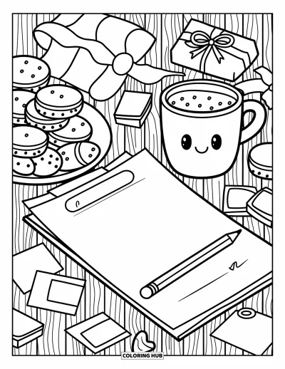 Coloriage de chocolat chaud pour adultes : Un chocolat chaud et des cookies près d'une lettre et d'un crayon sur une table en bois chaleureuse