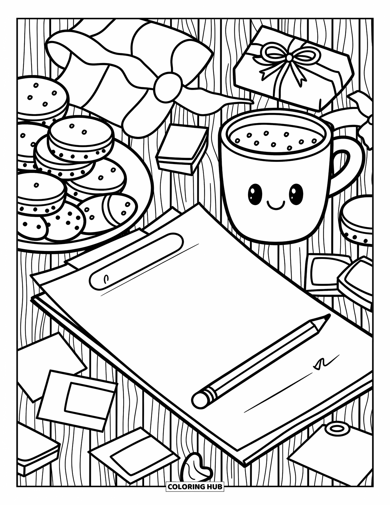 Hot Cocoa Coloring Page for Adults: Cocoa and cookies rest beside a letter and pencil on a cozy wooden table