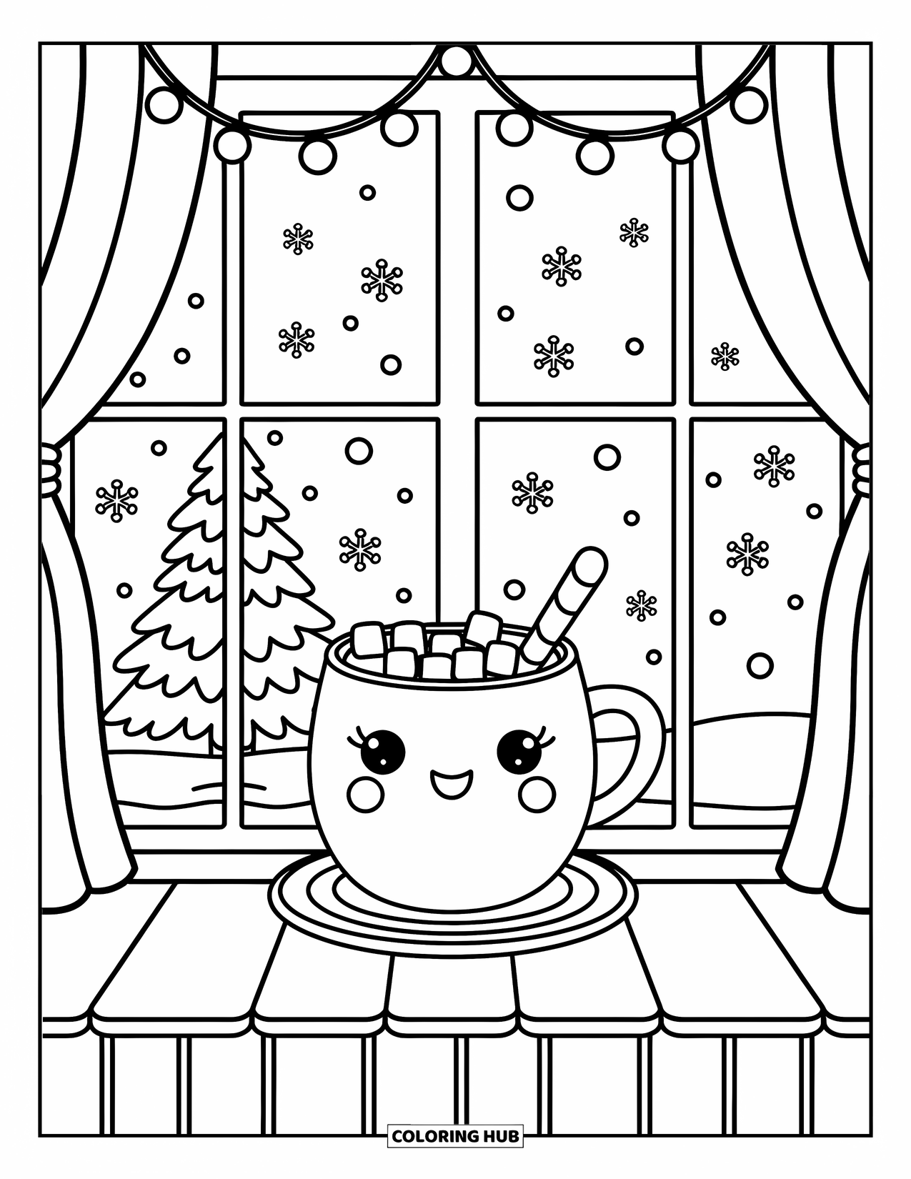 Hot Cocoa Coloring Page for Adults: Cocoa and lights cozy up a windowsill scene with snowy trees outside