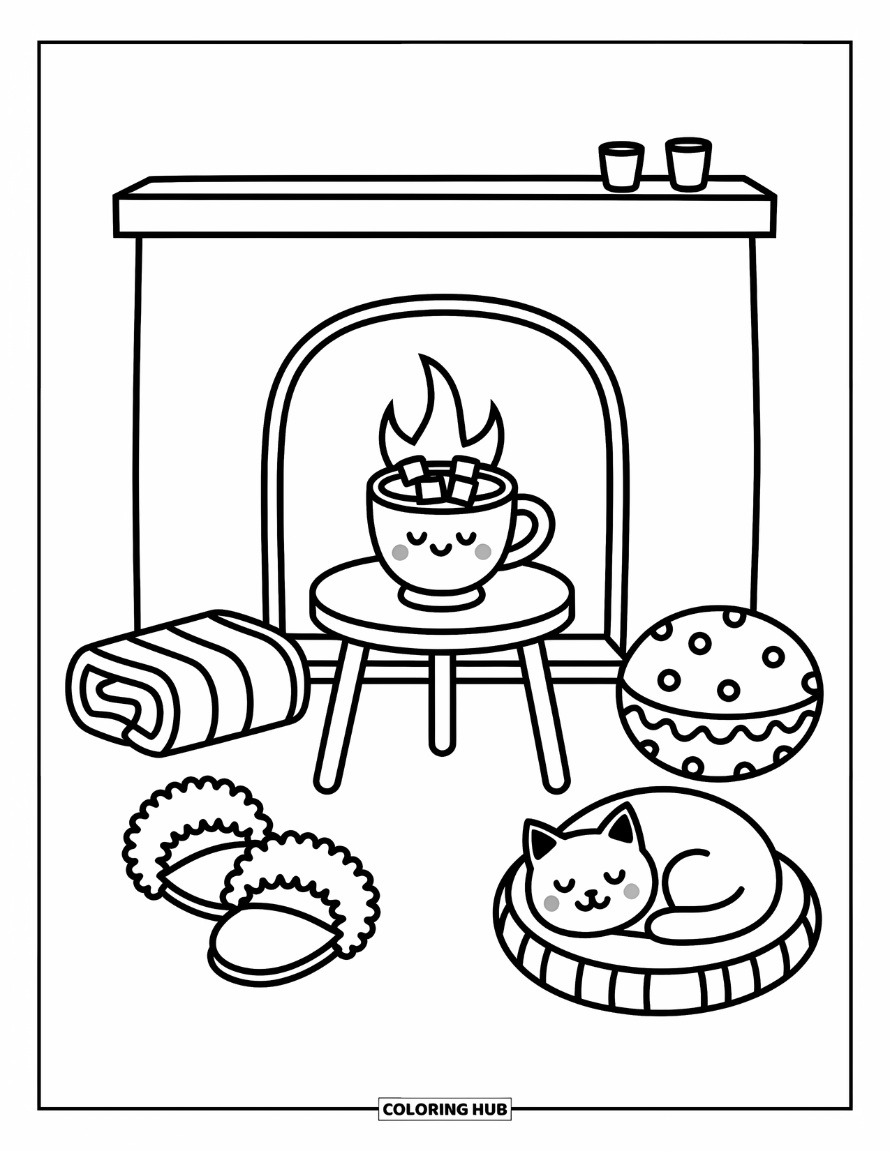 Hot Cocoa Coloring Page for Adults: Cocoa and marshmallows sit by slippers, a blanket, and a sleepy cat by the fire