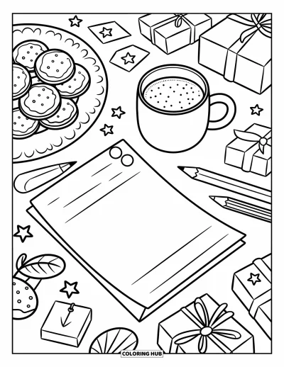 Coloriage de chocolat chaud pour adultes : Un chocolat chaud, des cookies et une lettre sur une table avec des emballages et des étiquettes cadeaux