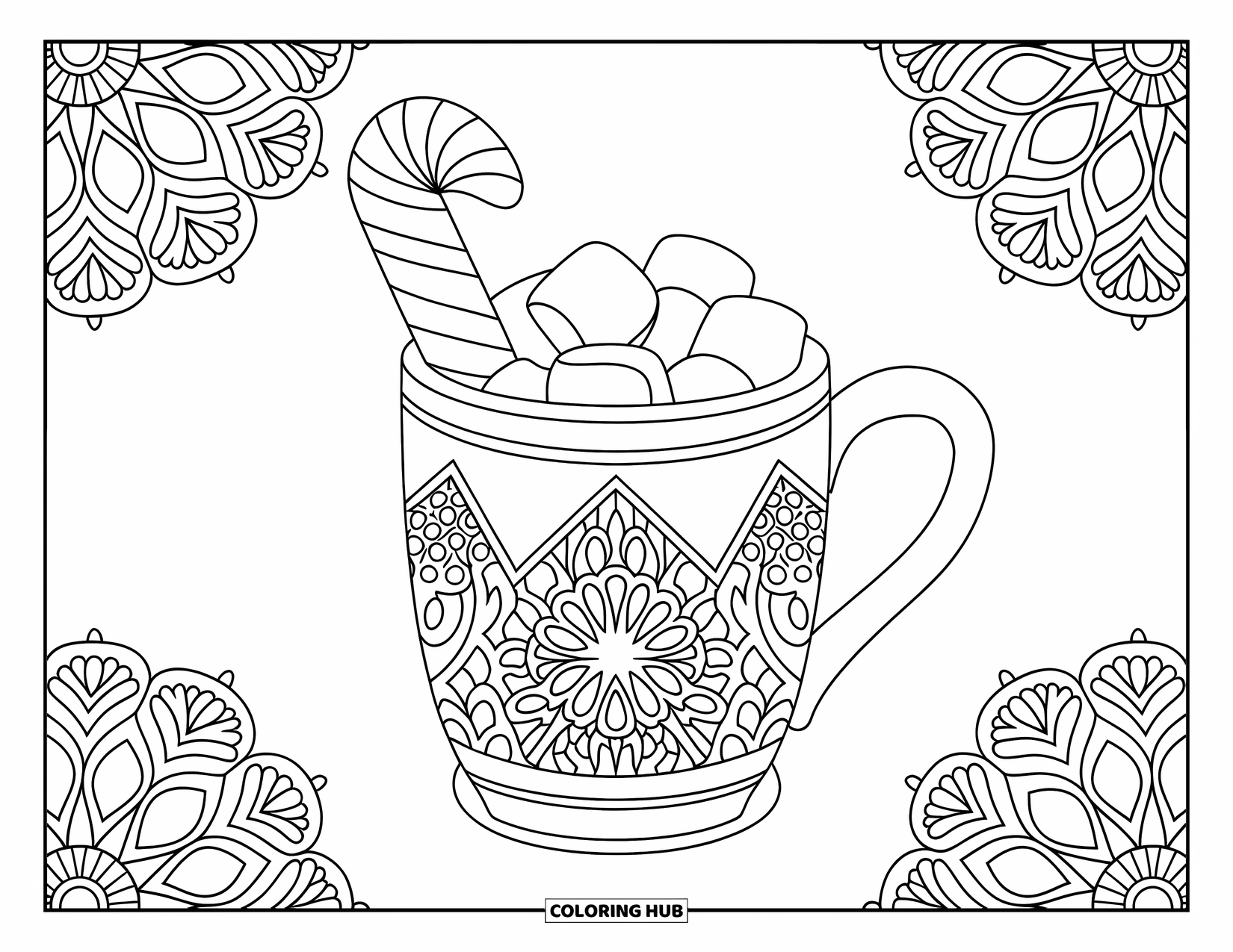 Hot Cocoa Coloring Page for Adults: Cocoa with marshmallows and peppermint is framed by elegant lace mandala patterns