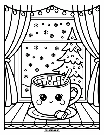 Coloriage de chocolat chaud pour adultes : Un chocolat chaud avec des chamallows sur un rebord de fenêtre avec de la neige qui tombe dehors