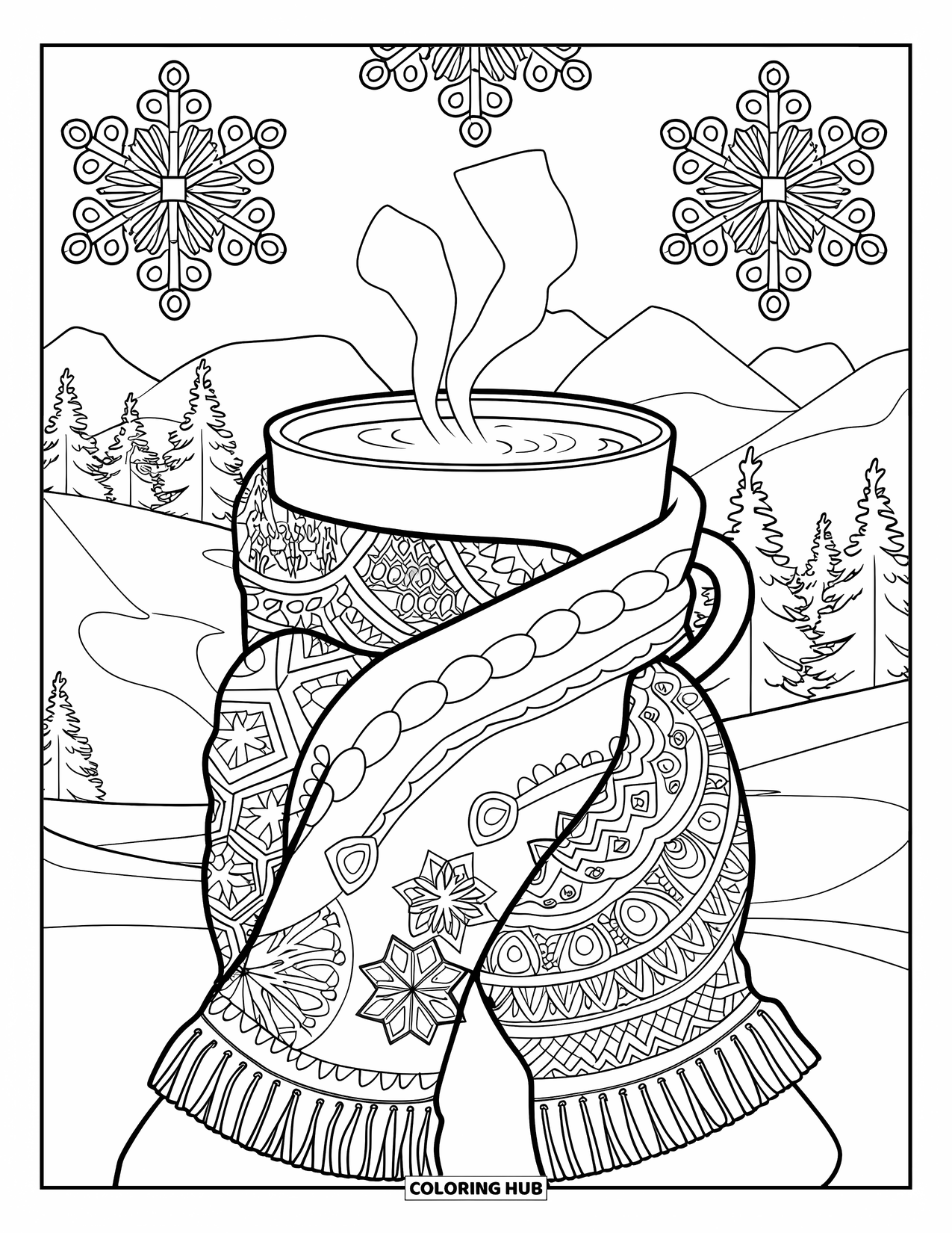 Hot Cocoa Coloring Page for Adults: Mittened hands hold cocoa wrapped in a scarf among snowflake mandala designs