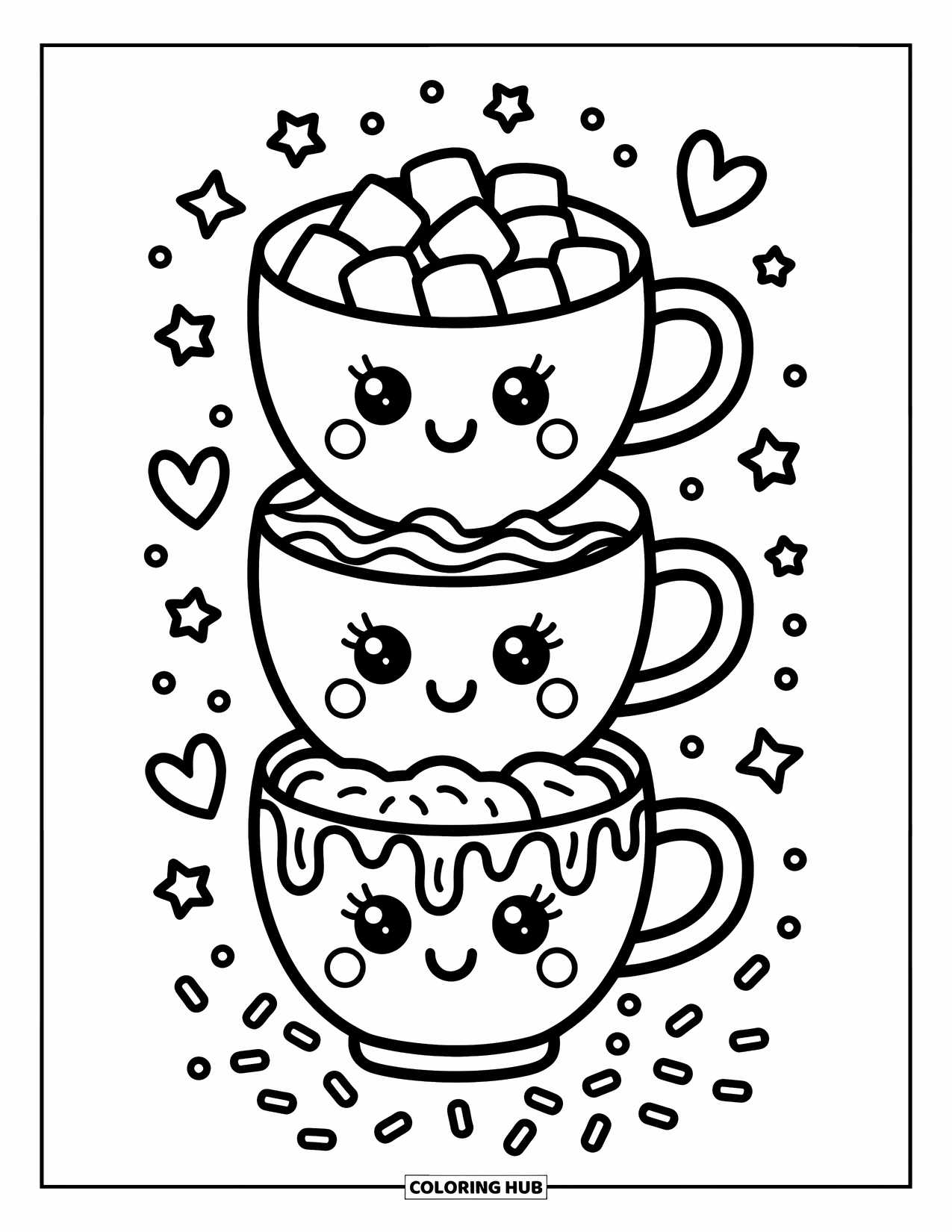 Hot Cocoa Coloring Page for Adults: Smiling mugs with cocoa and toppings stack together with stars, hearts, and sprinkles
