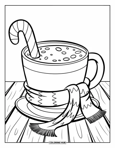 Coloriage de chocolat chaud pour enfants : Une grande tasse de chocolat chaud avec une canne en sucre d'orge et une écharpe sur une table en bois