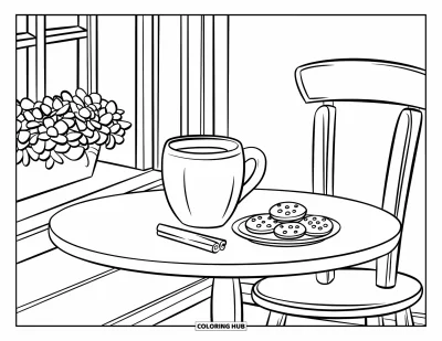 Coloriage de chocolat chaud pour enfants : Une grande tasse de chocolat chaud et des cookies sur une table ronde près d'une fenêtre