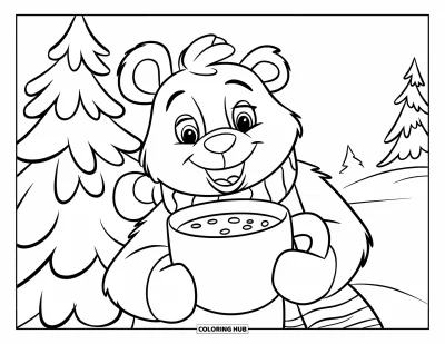 Coloriage de chocolat chaud pour enfants : Un ours souriant avec un chocolat chaud assis près d'un arbre enneigé portant une écharpe chaude
