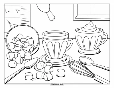 Coloriage de chocolat chaud pour enfants : Une tasse de chocolat chaud et des ustensiles de cuisine sur un comptoir près d'une fenêtre lumineuse