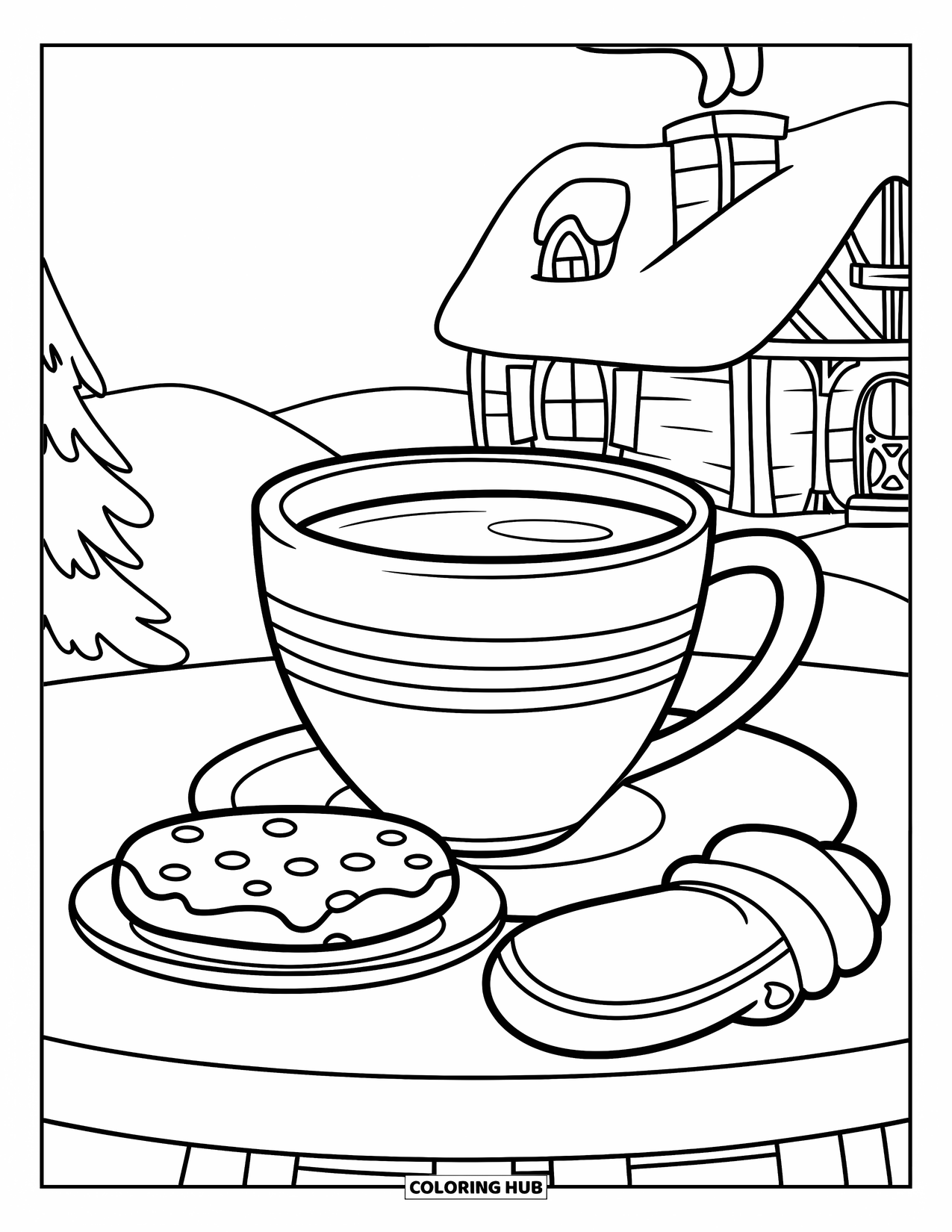 Hot Cocoa Coloring Page for Kids: A cocoa mug, mitten, and cookie rest on a snowy table near a chimney cottage