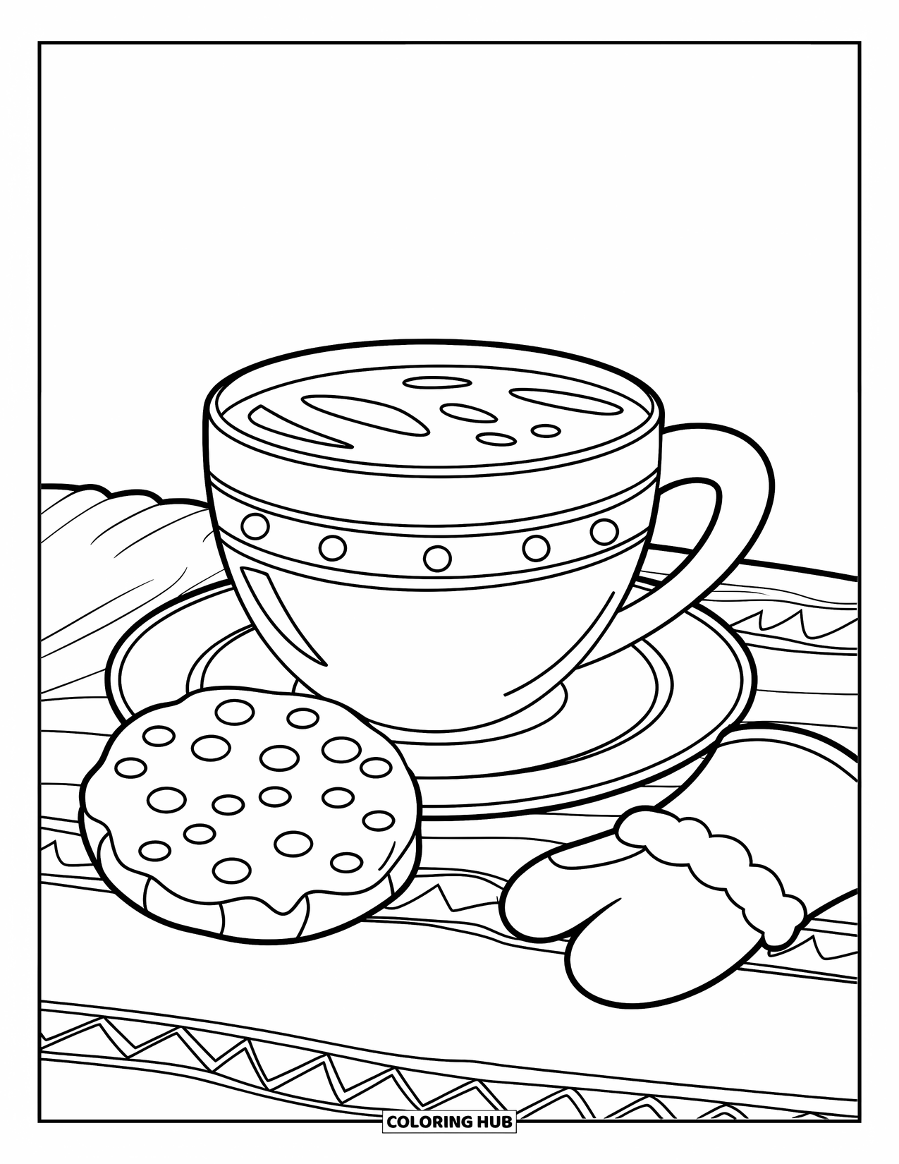 Hot Cocoa Coloring Page for Kids: A cocoa mug, mitten, and cookie sit on a table with a white background