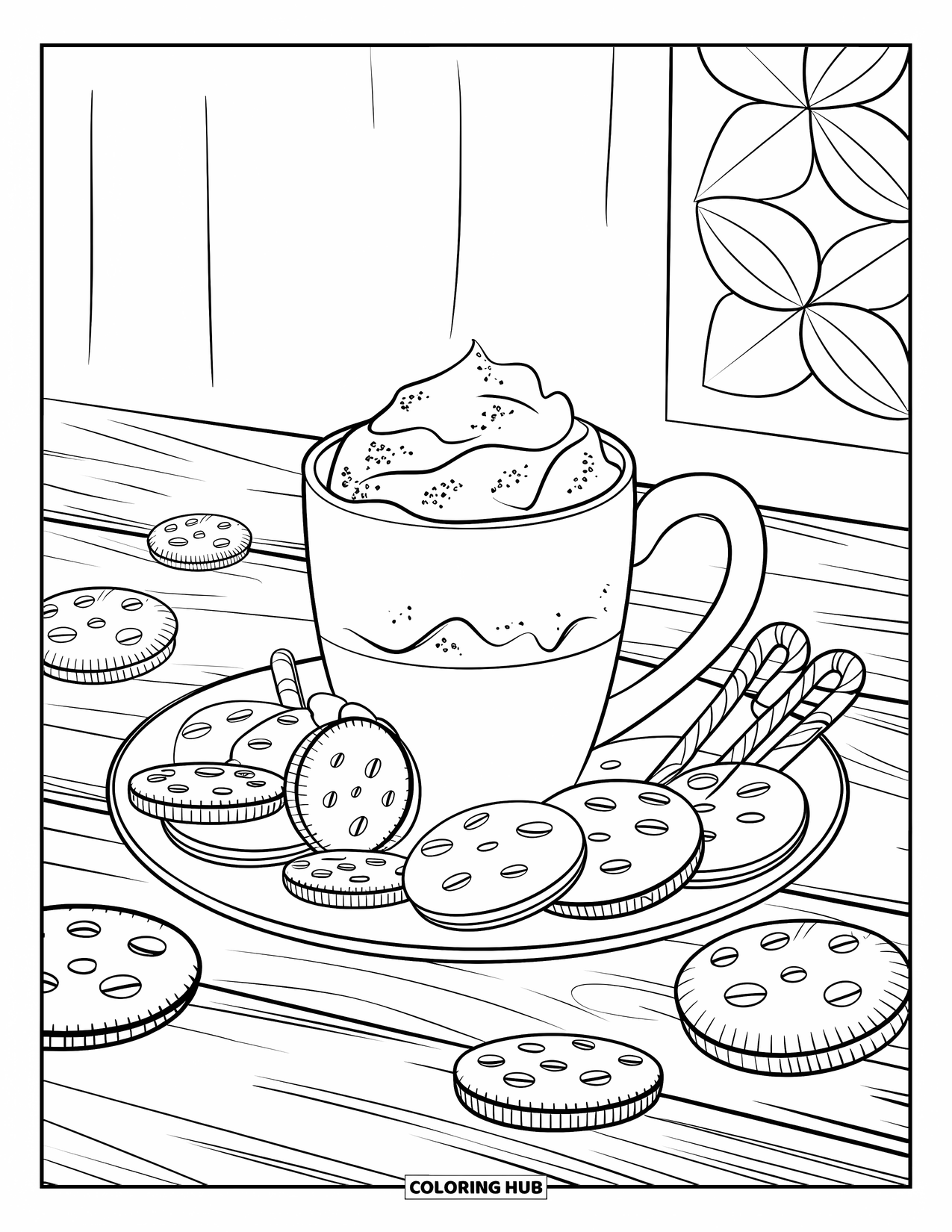 Hot Cocoa Coloring Page for Kids: A cocoa mug with cinnamon, cookies, and candy canes sits on a wooden table