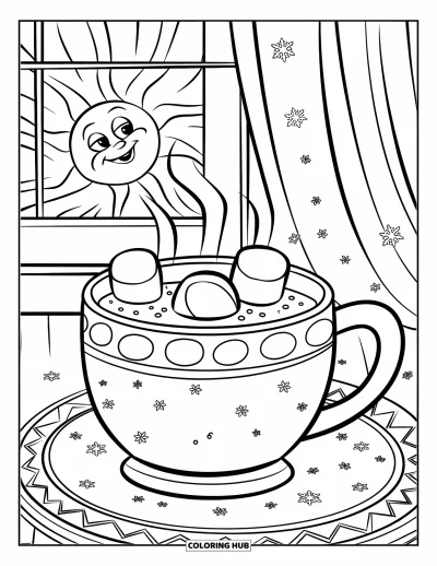 Coloriage de chocolat chaud pour enfants : Une tasse de chocolat chaud avec des chamallows et des flocons de neige dans une pièce joyeuse et chaleureuse