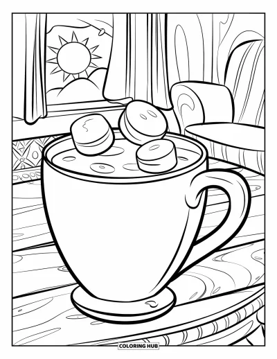 Coloriage de chocolat chaud pour enfants : Une tasse de chocolat chaud avec des chamallows sous un soleil souriant près de la fenêtre