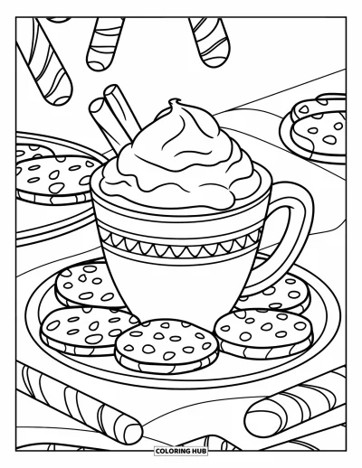Coloriage de chocolat chaud pour enfants : Une tasse de chocolat chaud avec de la crème fouettée posée près de cookies et de cannes en sucre d'orge