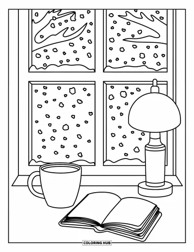 Coloriage de chocolat chaud pour enfants : Une lampe chaleureuse éclaire un chocolat chaud et un livre près d'une fenêtre enneigée