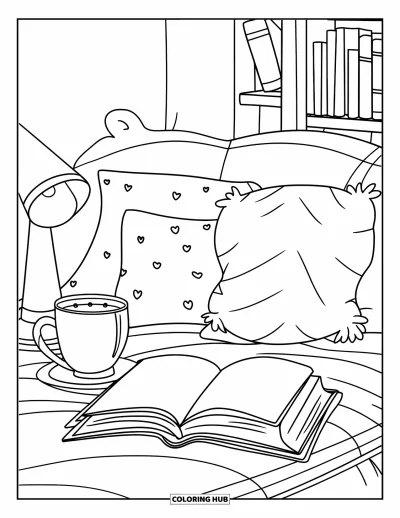 Coloriage de chocolat chaud pour enfants : Un coin lecture douillet avec un chocolat chaud, un livre ouvert et des coussins moelleux