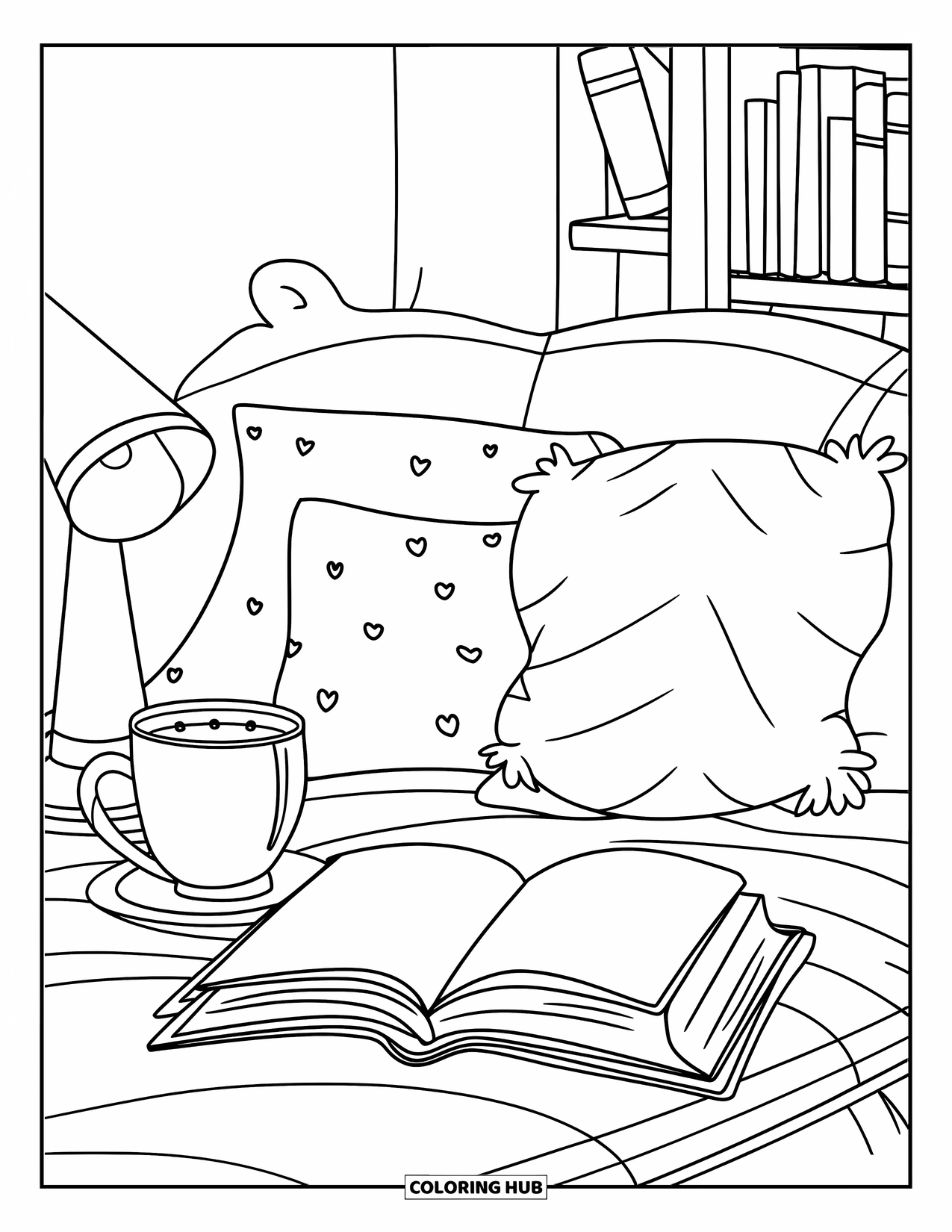 Hot Cocoa Coloring Page for Kids: A cozy reading nook has cocoa, an open book, and fluffy pillows