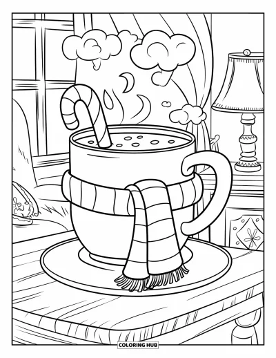 Coloriage de chocolat chaud pour enfants : Une immense tasse de chocolat chaud avec une canne en sucre d'orge et une écharpe dans une pièce chaleureuse