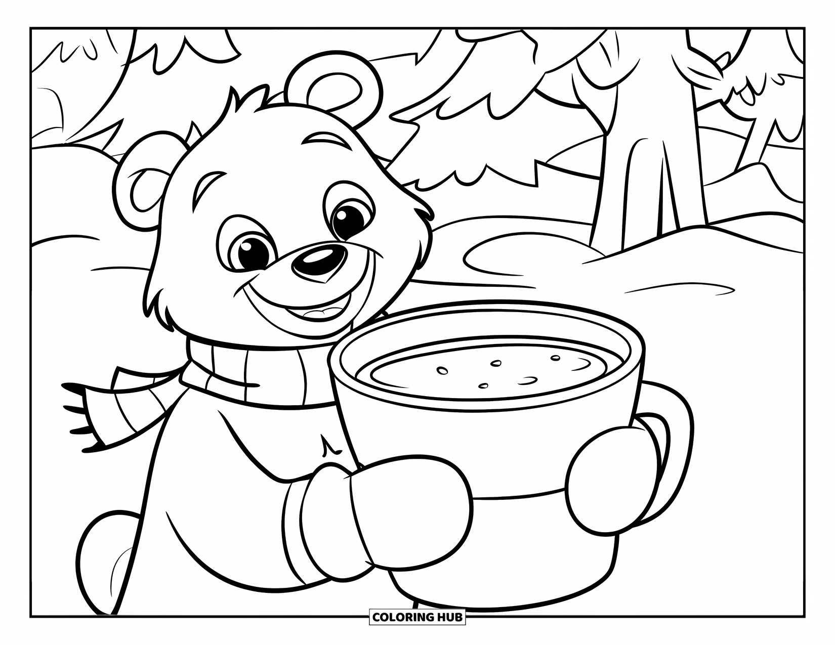 Hot Cocoa Coloring Page for Kids: A happy bear in a scarf enjoys cocoa in a snowy forest