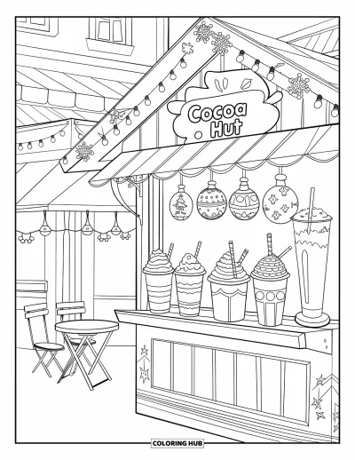 Coloriage de chocolat chaud pour enfants : Un stand de marché propose un chocolat chaud festif avec de la crème fouettée et des guirlandes lumineuses