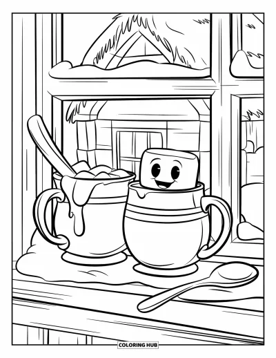 Coloriage de chocolat chaud pour enfants : Un chamallow passe la tête hors d'un chocolat chaud sur un rebord de fenêtre douillet
