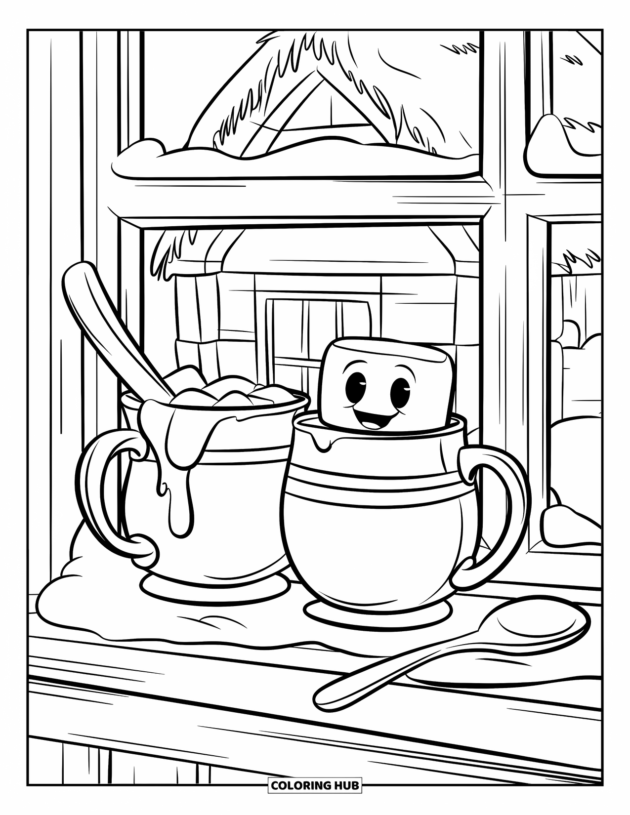 Hot Cocoa Coloring Page for Kids: A marshmallow peeks from cocoa on a cozy windowsill