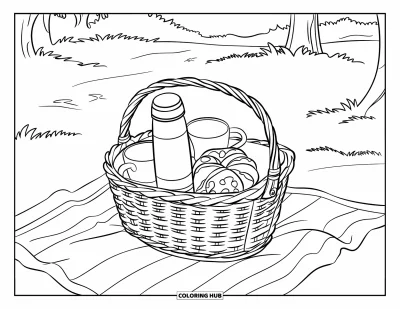 Coloriage de chocolat chaud pour enfants : Un panier de pique-nique contient un chocolat chaud, des tasses et une pâtisserie sous les arbres