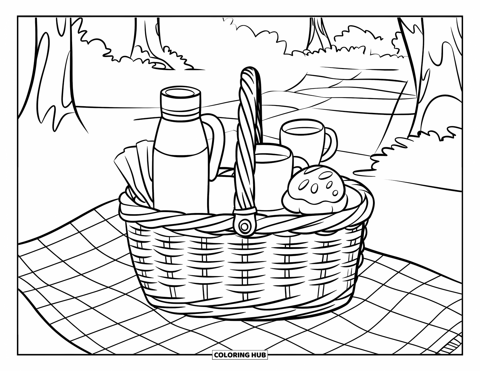 Hot Cocoa Coloring Page for Kids: A picnic blanket with cocoa, mugs, and pastry rests in a grassy field