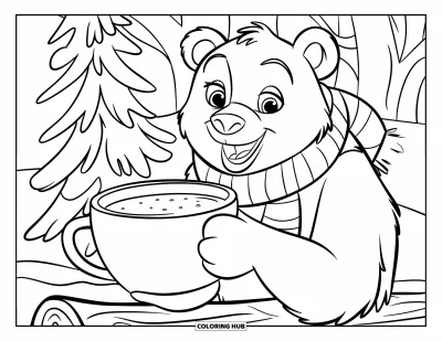 Coloriage de chocolat chaud pour enfants : Un ours souriant tient un chocolat chaud assis sur un tronc dans la forêt enneigée